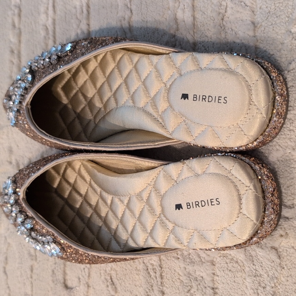 Birdies The Swan Jeweled Gold Sparkle Mules, Crystal Pointed Toe Flats - Picture 3 of 4